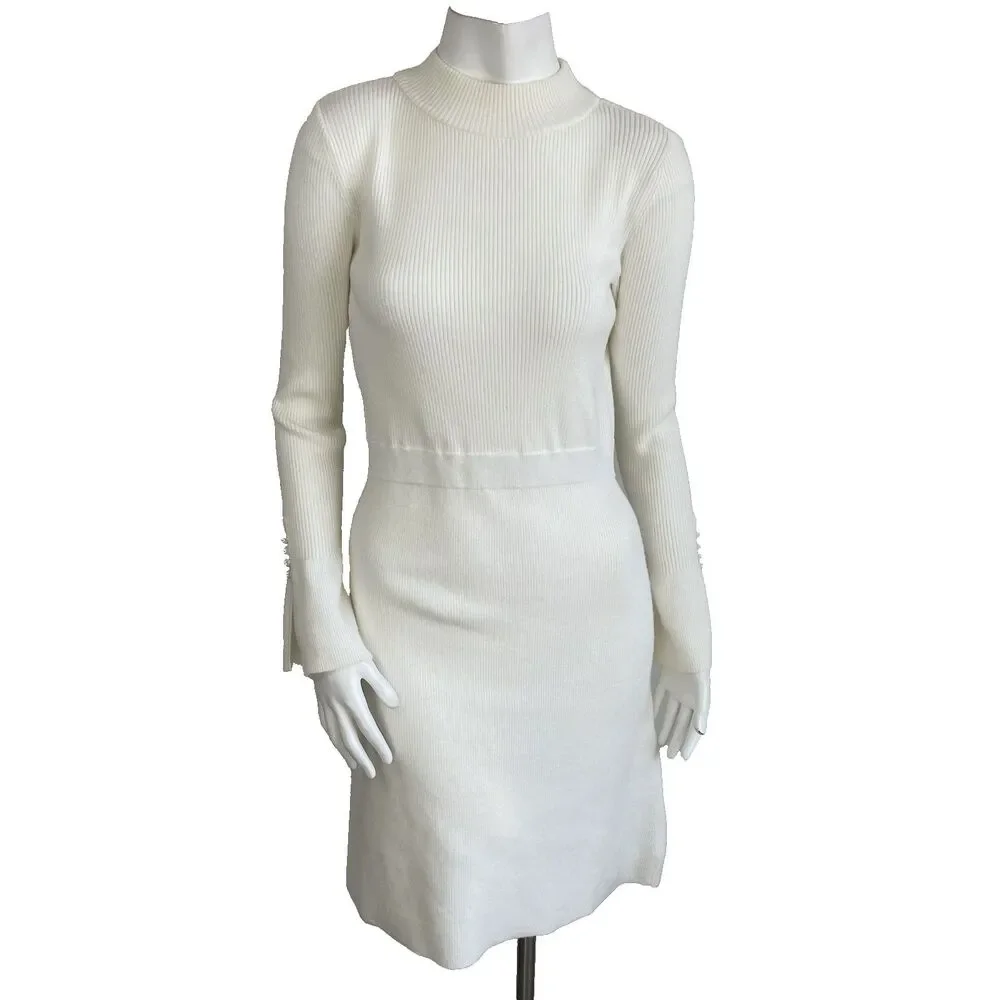 Ann Taylor Pearl Button Cuff Ribbed Mock Neck Long Sleeve Sweater Dress - Small - Picture 2 of 16